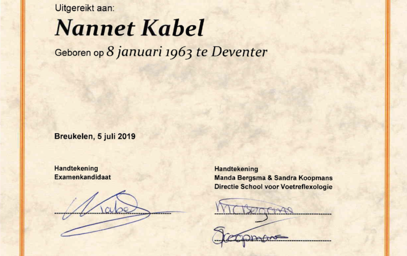 Nannet Kabel Diploma Opleiding Voetreflextherapie HBO